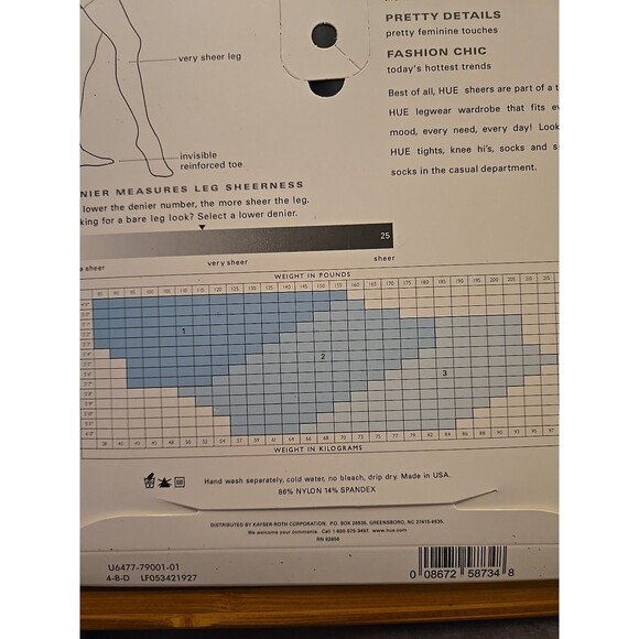 HUE Sheer Shaper Hosiery Style 6477 Size 1 Black New Unopened Pantyhose, Women's - Picture 4 of 4